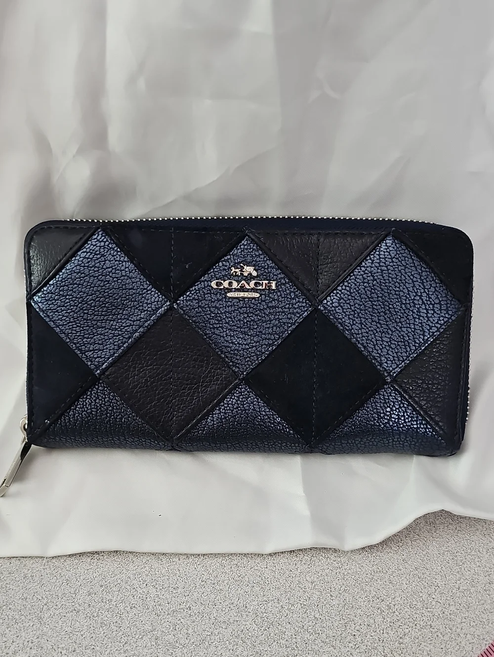 Coach Diamond Patchwork Zip Wallet in Navy and Black